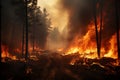 Devastating wildfire raging through dense forest, posing grave ecological threat