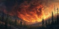 A devastating wildfire raging through a pine forest, generating a colossal plume of smoke that Royalty Free Stock Photo
