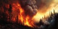 A devastating wildfire raging through a pine forest, generating a colossal plume of smoke that Royalty Free Stock Photo