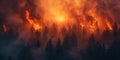 Devastating Wildfires Engulf The Landscape, Consuming Trees And Releasing Billowing Orange Smoke, Copy Space