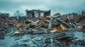 Devastation in the Gray: Scattered Debris of a Destroyed Building Against a Bleak Sky Royalty Free Stock Photo
