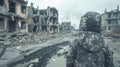 Devastation of war child survives amid ruins in a destroyed city, realistic image of desolation Royalty Free Stock Photo