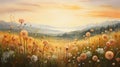 meadow filled with dandelions in a spectrum of warm autumn hues on a grassy field