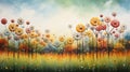 meadow filled with dandelions in a spectrum of warm autumn hues on a grassy field