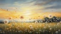 meadow filled with dandelions in a spectrum of warm autumn hues on a grassy field