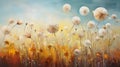 meadow filled with dandelions in a spectrum of warm autumn hues on a grassy field