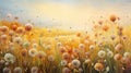 meadow filled with dandelions in a spectrum of warm autumn hues on a grassy field