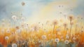 meadow filled with dandelions in a spectrum of warm autumn hues on a grassy field