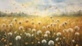 meadow filled with dandelions in a spectrum of warm autumn hues on a grassy field