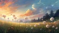 meadow filled with dandelions in a spectrum of warm autumn hues on a grassy field