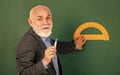 Develop attitude openness and flexibility towards learning. Man bearded tutor chalkboard background. Mature lecturer