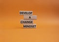 Develop a change mindset symbol. Concept words Develop a change mindset on wooden blocks. Beautiful orange background. Business