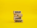 Develop a change mindset symbol. Concept words Develop a change mindset on wooden blocks. Beautiful yellow background. Business