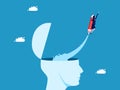 Develop ideas. Businesswoman flying with pencil out of human head