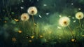 olden dandelions glowing against a rich, textured background of green grass