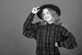 Develop talent into career. Girl artistic kid practicing acting skills with black hat. Enter acting academy. Acting