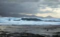 North east coast of Gran Canaria, powerful ocean waves broought in by distant Epsilon hurricane breaking by the shore