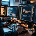 Developer coding and analyzing data on multiple monitors Royalty Free Stock Photo