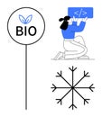 Developer Coding, Bio Label with Leaf Icon, and Minimalist Snowflake Design for Modern Concepts Royalty Free Stock Photo
