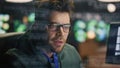 IT developer coding computer data hologram closeup. Programer hands working Royalty Free Stock Photo