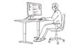 Developer Coding at Computer Desk with Headphones - Line Art Illustration Royalty Free Stock Photo