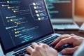 Developer Coding on Laptop with Complex Algorithm Visualization for Software Engineering and Data Analysis in Modern Workspace Royalty Free Stock Photo