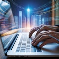 Developer Coding on Laptop with Futuristic City & Data Overlay - AI, IT, Software Development Royalty Free Stock Photo
