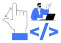 Developer Coding with Laptop, Hand Gesture for Sizing, and Coding Elements in Minimalist Style Royalty Free Stock Photo