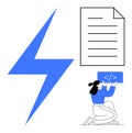 Developer coding on tablet with lightning bolt and document symbolizing technology and innovation Royalty Free Stock Photo