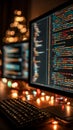 Developer debugging code on dual monitors at night with holiday lights Royalty Free Stock Photo
