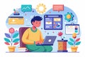 A developer focuses on customizable project tasks using digital tools, surrounded by plants and engaging graphics in a vibrant Royalty Free Stock Photo