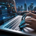 Developer Hands Typing Code on Laptop. Futuristic Tech & Urban Innovation Royalty Free Stock Photo