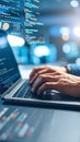 Developer hands typing code on laptop screen, software engineer working, data analysis concept Royalty Free Stock Photo