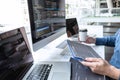 Developer programmer working on project in software development computer in IT company office, Writing codes and data code website Royalty Free Stock Photo