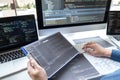 Developer programmer working on project in software development computer in IT company office, Writing codes and data code website Royalty Free Stock Photo