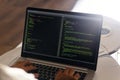 Developer programmer writing html javascript code in a laptop. Royalty Free Stock Photo
