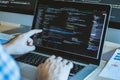 Developer programming pointing coding technology. Website design Safety of the social world Cyberspace concept