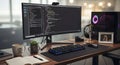 Developer s desk with a large monitor displaying code and a desktop computer Royalty Free Stock Photo