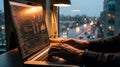 Developer\'s hands typing on a laptop displaying code and data charts by a window on a rainy evening Royalty Free Stock Photo