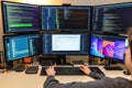 Developer's workspace: multi-screen computer setup for software programming and coding Royalty Free Stock Photo