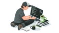 Programmer Coding on Laptop with Coffee and Books, Focused Man Working Remotely Royalty Free Stock Photo
