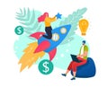 Developer start up, woman character sitting rocket launch, programmer work application flat vector illustration