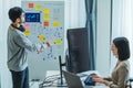 Developer team present project interface design with board and solving problem at office Royalty Free Stock Photo