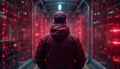 Developer Testing Virtual Interface Design In Laboratory With Red Holographic Glow And Glowing Servers
