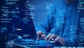 A developer types on a computer with glowing code and binary symbols overlay, symbolizing programming, software development, Royalty Free Stock Photo