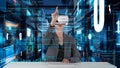 IT developer typing computer code for analyzing intelligent by VR. Contraption.