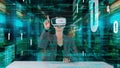 IT developer typing computer code for analyzing intelligent by VR. Contraption.