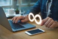 Developer typing, glowing infinity symbol, surrounded by digital graphics, enhancing tech vibe