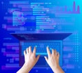 Developer working on keyboard of laptop. Programming and coding, website development.