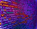 Developer working on program codes in office. Database bits access stream visualisation. Programming of Internet website. Python Royalty Free Stock Photo